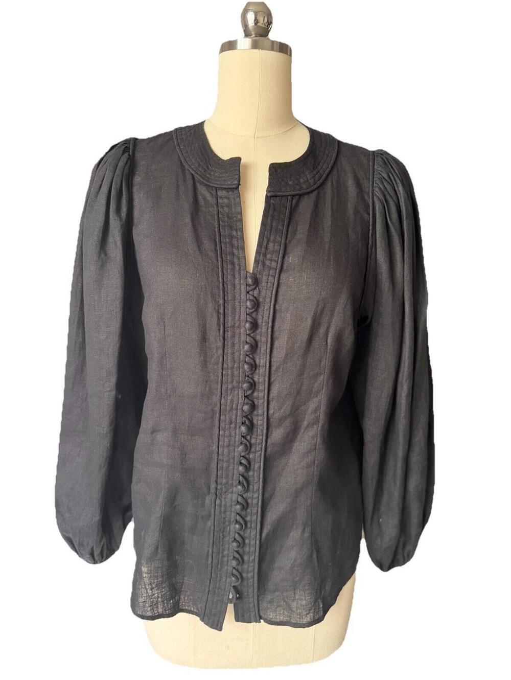 Elie Tahari Blouse Top 100% Linen Long sleeve Black M